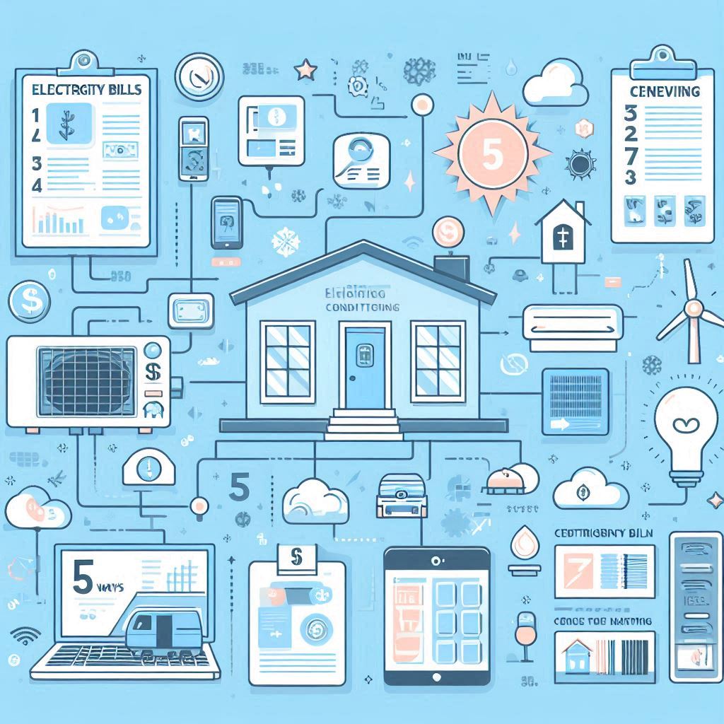 에어컨 전기세 절약 방법 5가지 인포그래픽: 
1) 에어컨 27도 설정, 
2) 선풍기 병행 사용, 
3) 실외기 그늘 설치, 
4) 스마트 타이머 활용, 
5) 필터 주기적 청소. 
하늘색 배경에 도식화된 아이콘 스타일로, 여름철 전기요금 절감을 위한 실천 팁을 보기 쉽게 구성함.