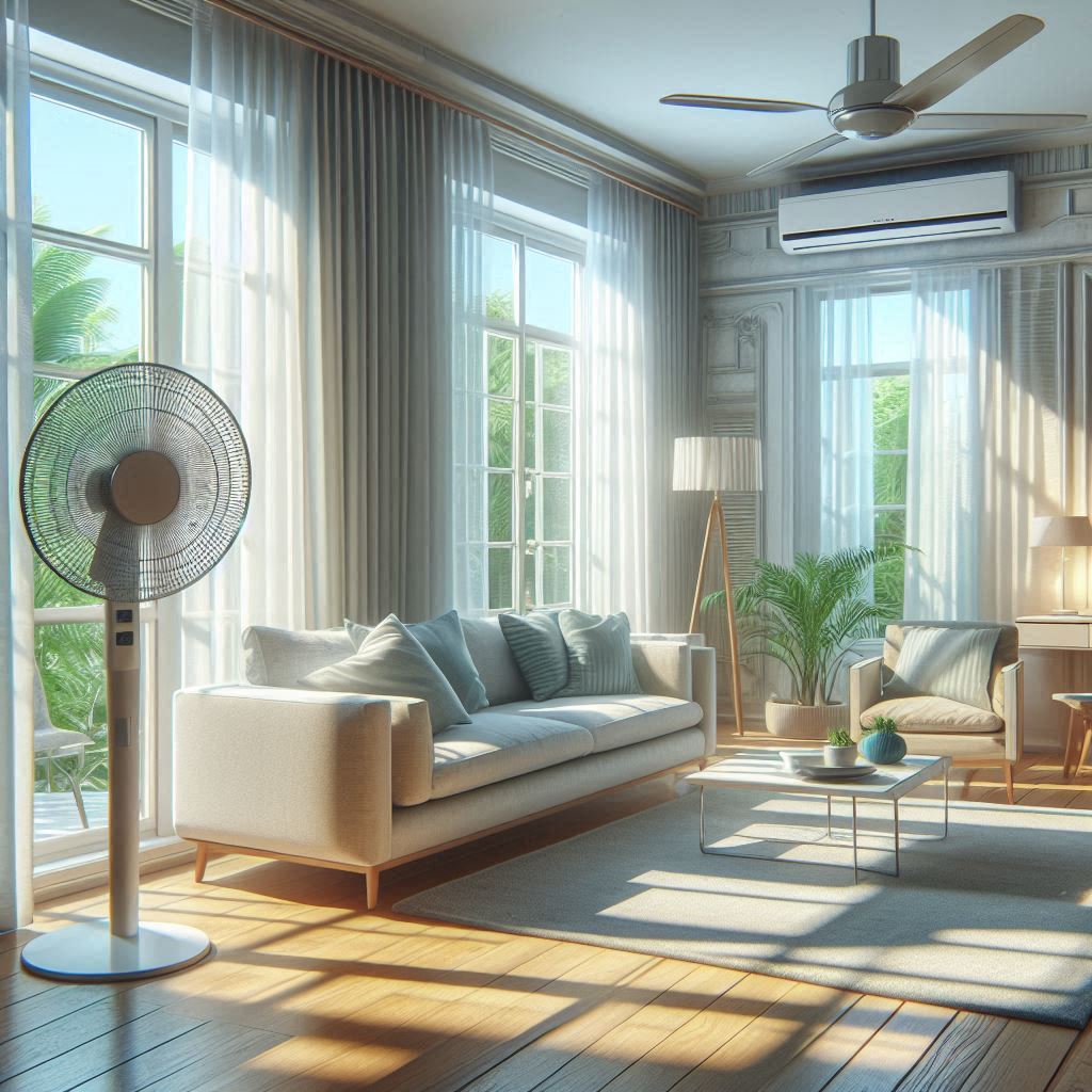 여름철 거실에서 에어컨과 선풍기를 함께 사용하는 모습. 자연광이 들어오는 깔끔한 인테리어의 현대적인 실내 공간