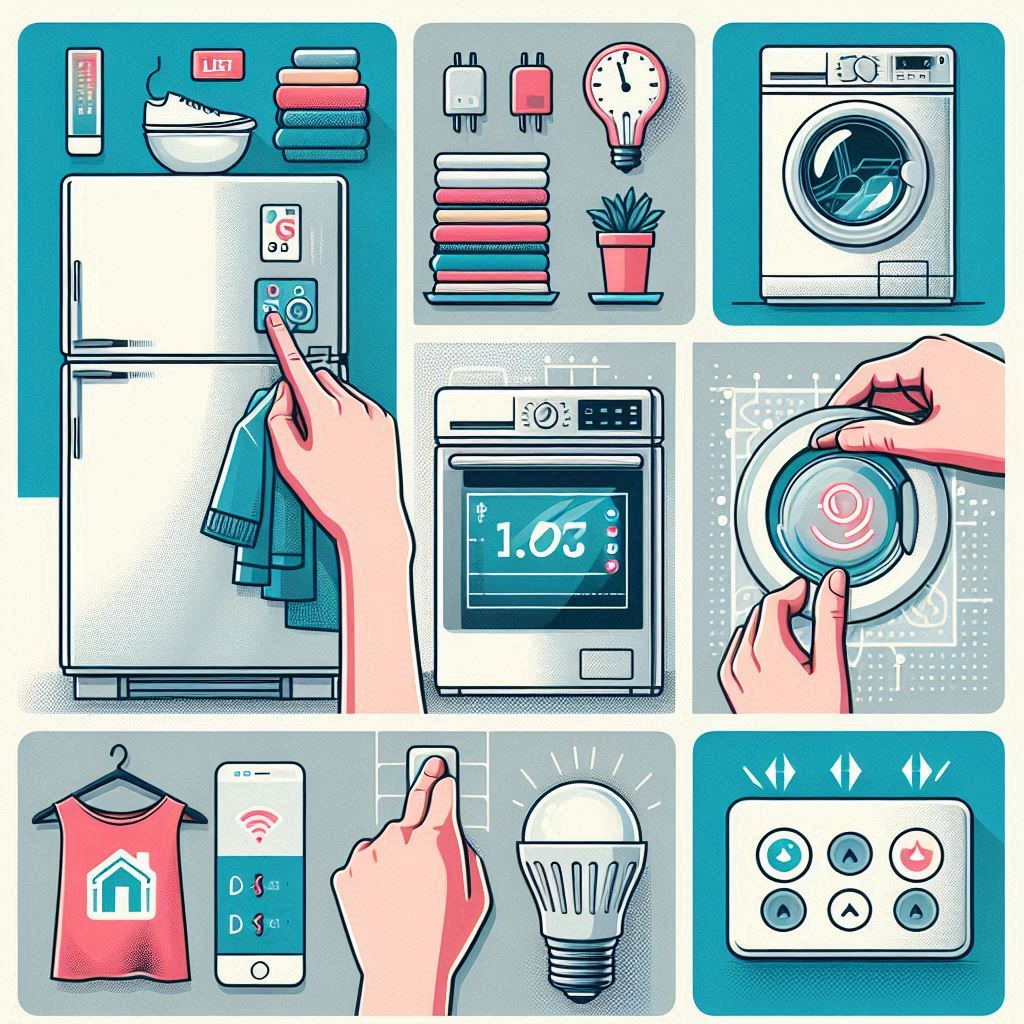 냉장고, 세탁기, 오븐, 스마트 조명, 와이파이 제어, 에너지 절약 버튼 등 다양한 가전제품을 손으로 조작하며 전기요금 인상을 막고, 전기요금 절약을 실천하는 일러스트. 스마트홈 기반의 효율적인 에너지 절약을 표현한 인포그래픽 스타일의 이미지