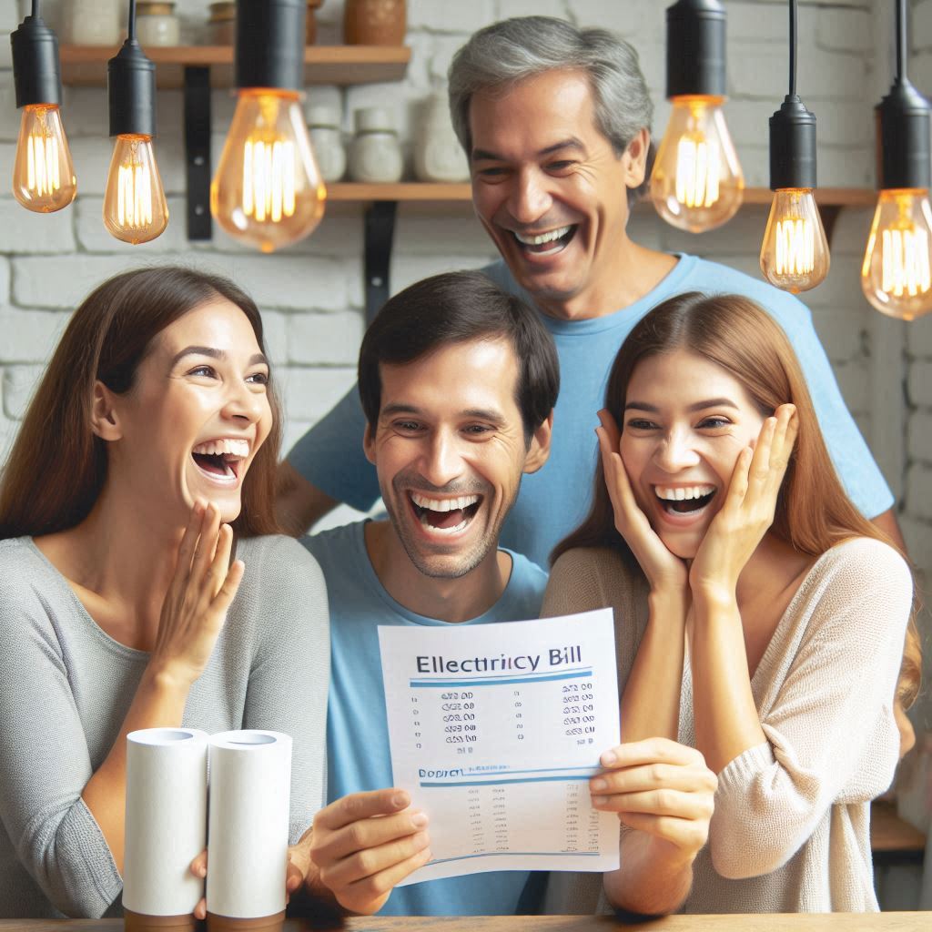 전기요금이 줄어든 고지서를 보고 기뻐하는 가족의 모습, 가전제품 절전을 통한 성공적인 전기요금 절약 사례
