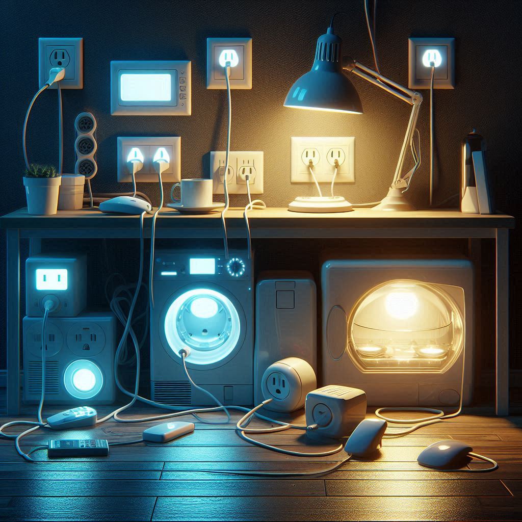 사용하지 않는 가전제품들이 콘센트에 꽂혀 대기전력을 소모하는 모습, 가전제품 절전의 중요성을 강조