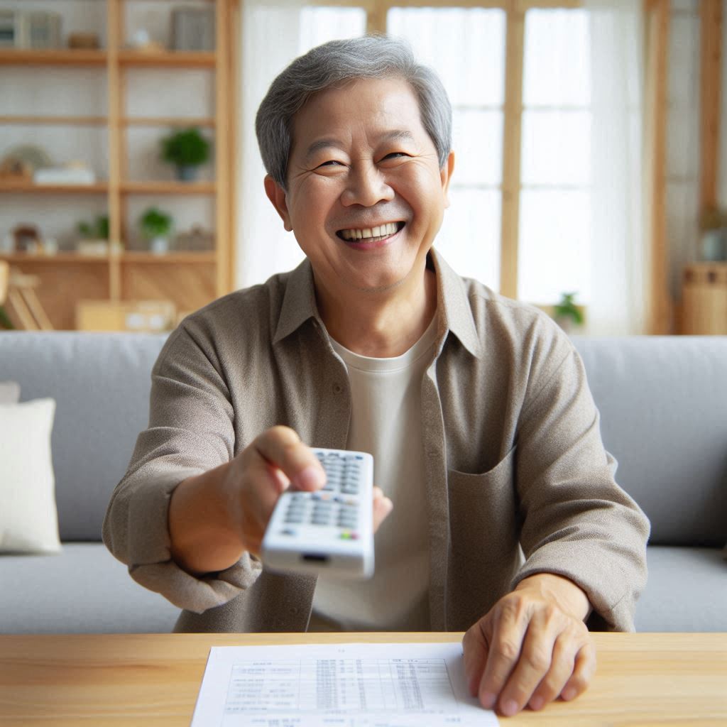 냉방비 자동 감면 혜택으로 전기요금 부담을 덜고 시원한 여름을 맞이하는 60대 한국 남성의 행복한 모습. 에어컨 할인 덕분에 편안하게 냉방기를 사용하는 모습. 저소득층 전기요금 할인이 가져다준 삶의 긍정적인 변화