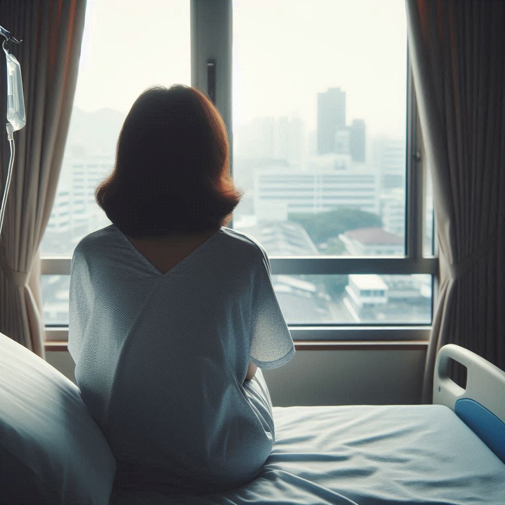 건강검진을 제때 받지 못해 후회하는 듯한 50대 한국인 여성의 뒷모습이 병실 침대에 앉아 창밖을 응시하며 보입니다. 질병을 뒤늦게 발견하고 치료받는 과정에서의 안타까움과 후회하는 감정을 담아, 정기적인 무료 건강검진의 중요성을 시각적으로 강조합니다. 건강검진 대상자가 아니었더라도 검진의 중요성을 보여주는 이미지입니다.