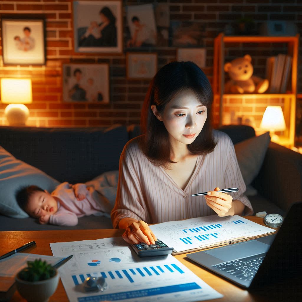늦은 밤, 40대 한국인 주부가 2025년 재테크 필수 용어를 공부하며 고뇌하는 모습