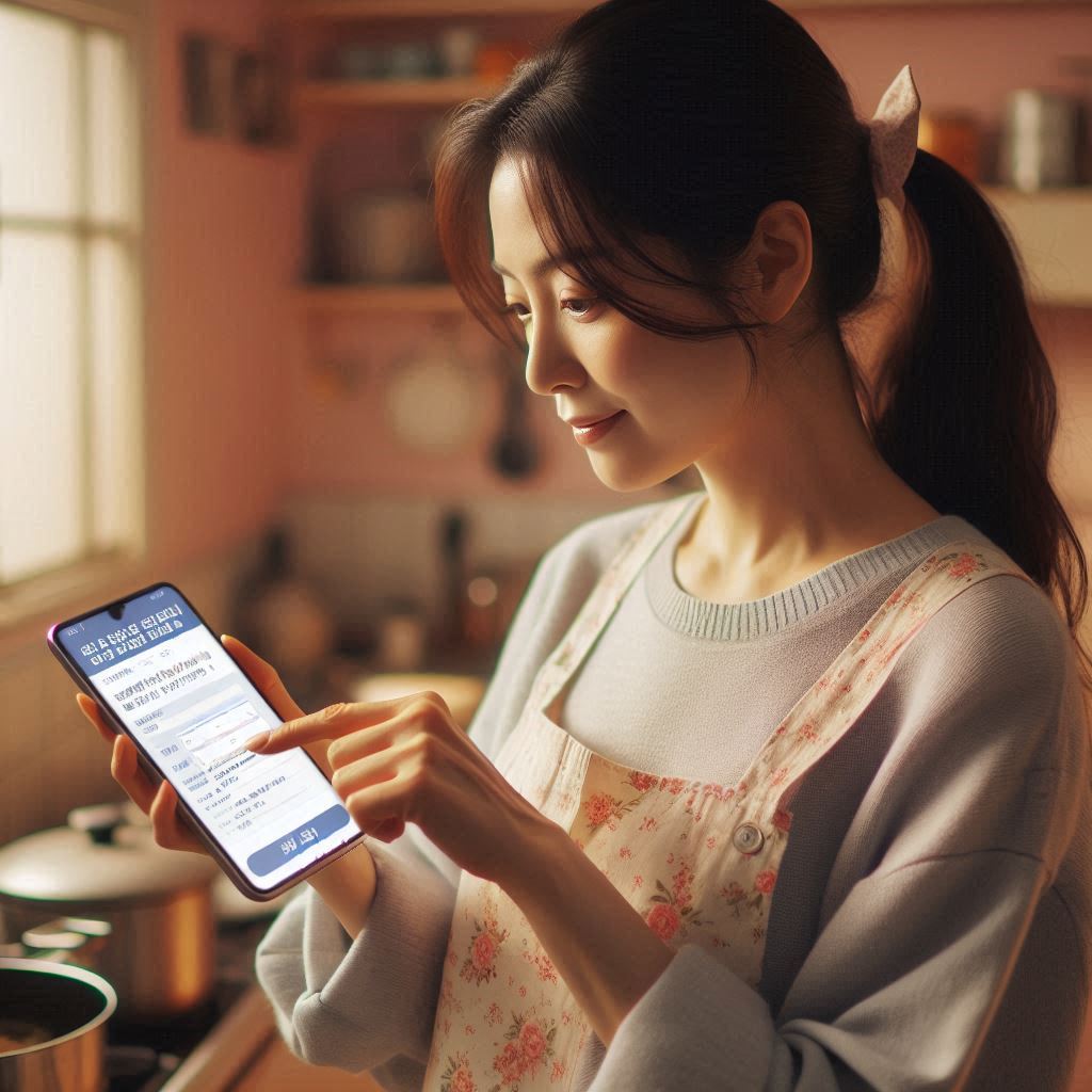 2025년 부모급여 신청방법에 맞춰 모바일로 온라인 신청 양식을 작성하는 한국인 여성의 모습. 개선된 온라인 시스템 덕분에 주방에서도 간편하게 신청 절차를 진행할 수 있음을 보여주며, 육아 중에도 편리하게 2025년 부모급여를 신청할 수 있는 현실적인 상황을 나타냅니다.