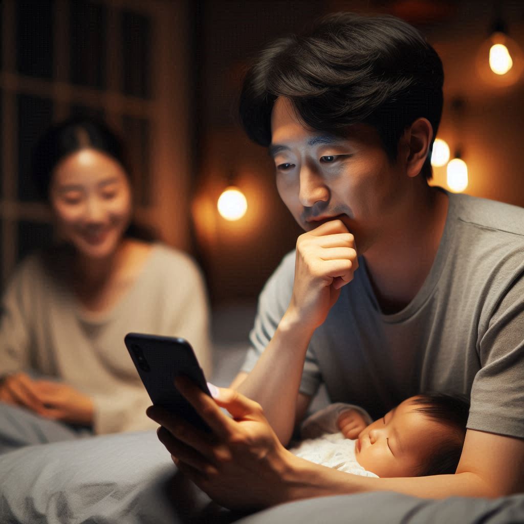 2025년 부모급여 신청방법에 대한 중요한 정보를 스마트폰으로 확인하고 안도하는 한국인 부모의 모습. 밤늦게까지 정보를 찾아 헤매다 마침내 해답을 찾은 듯한 안심하는 표정으로, 복잡했던 신청 과정의 해결과정을 강조합니다.