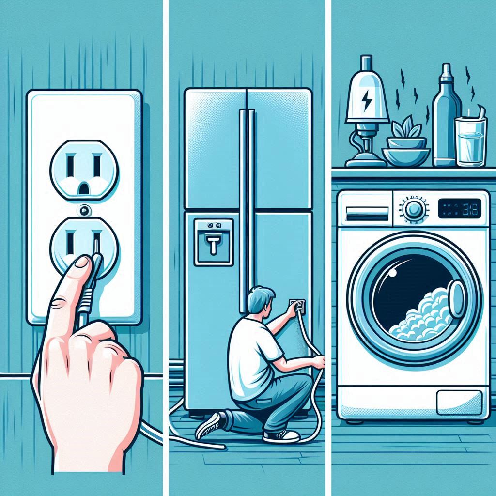 1. 플러그를 뽑는 모습, 2. 냉장고 문을 잘 닫는 모습, 3. 세탁기를 사용하는 모습, 가전제품 절전 실천 방법 이미지