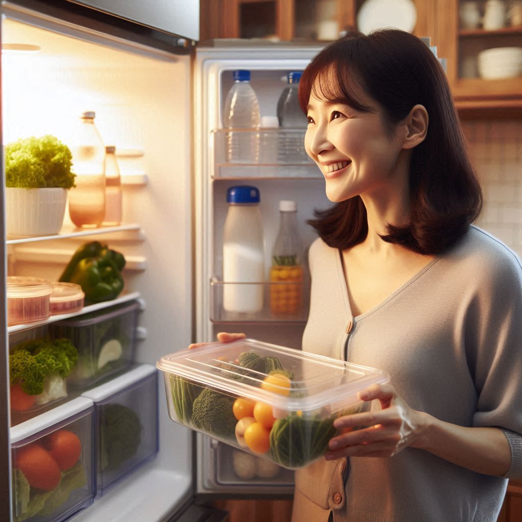 투명 용기에 반찬을 정리하며 깔끔한 냉장고를 완성한 40대 한국인 주부의 만족스러운 모습