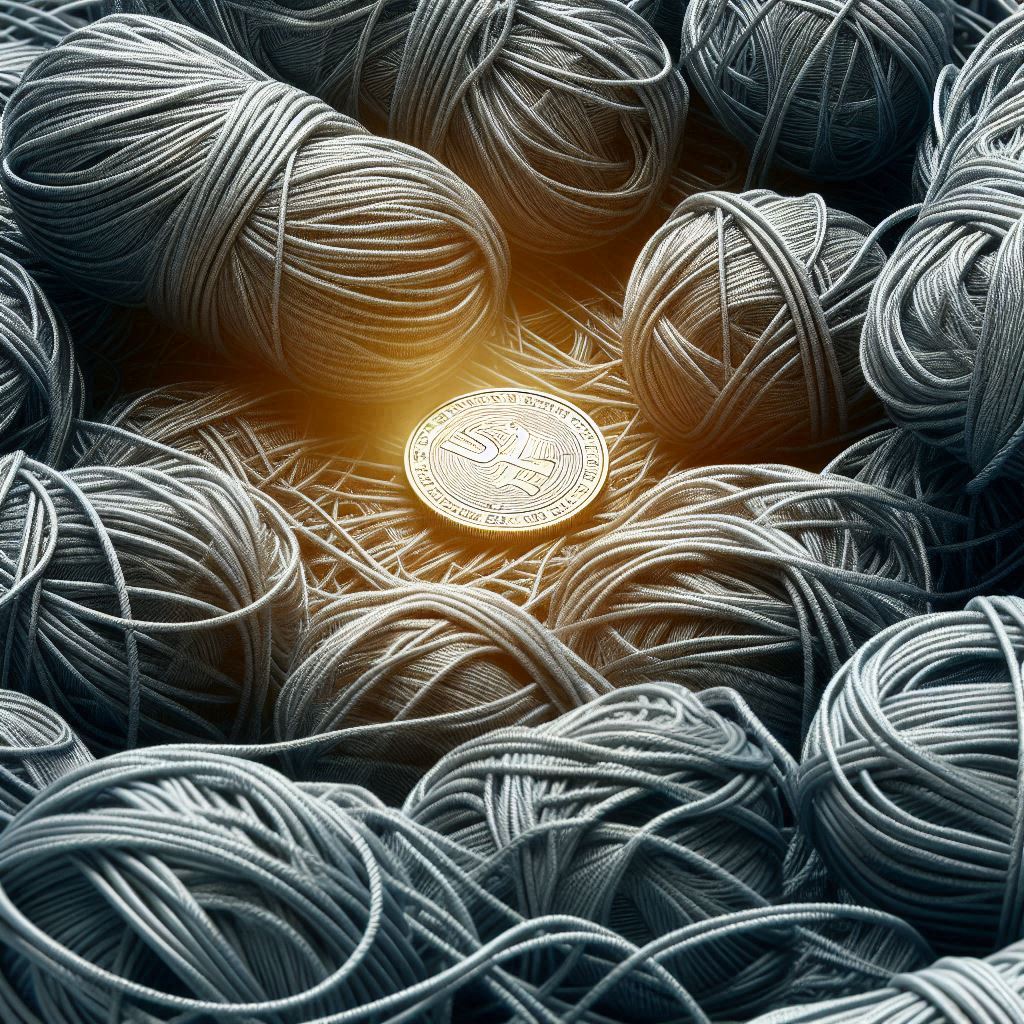 복잡하게 얽혀 있는 실타래, 그 안에서 작은 동전이 빛나고 있는 모습. '숨은 돈 찾기'의 복잡성을 시각적으로 표현.