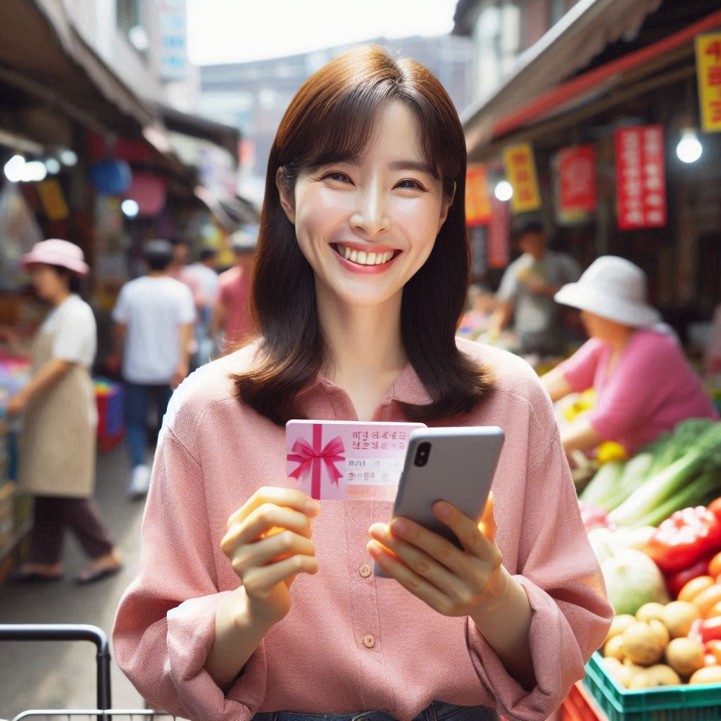 지역사랑상품권으로 시장에서 소비를 하며 행복한 미소를 짓고 있는 한국 주부