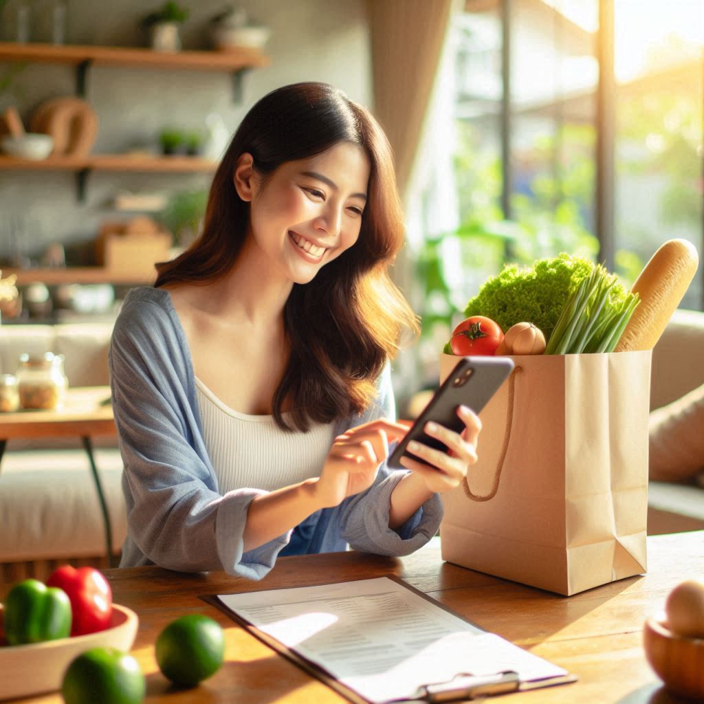 2025년 여름, 지역사랑상품권을 사용하며 가계 경제에 도움을 받고 있는 한국인 주부의 모습. 스마트폰 앱을 통해 사용 내역을 꼼꼼히 확인하고 있으며, 주변에는 주부의 일상을 보여주는 생활감 있는 소품들이 자연스럽게 배치되어 있다. 이 이미지는 지역사랑상품권이 주부들의 현명한 소비 생활에 얼마나 큰 도움이 되는지를 시각적으로 보여준다. 상품권 할인 혜택으로 절약된 돈으로 맛있는 식사를 준비하는 행복한 상상을 불러일으키는 이미지다.