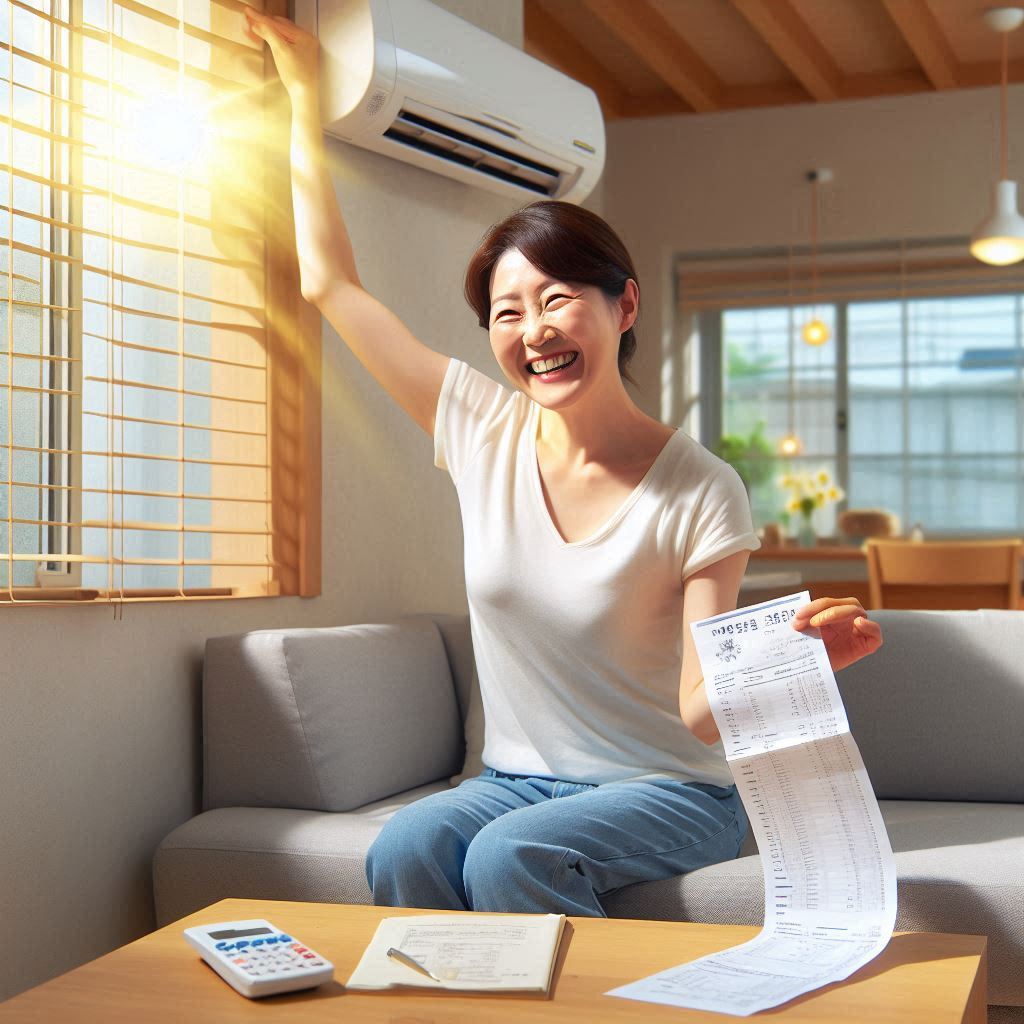에어컨 바람을 맞으면서도 줄어든 고지서를 보며 행복해 하는 40대 한국계 주부