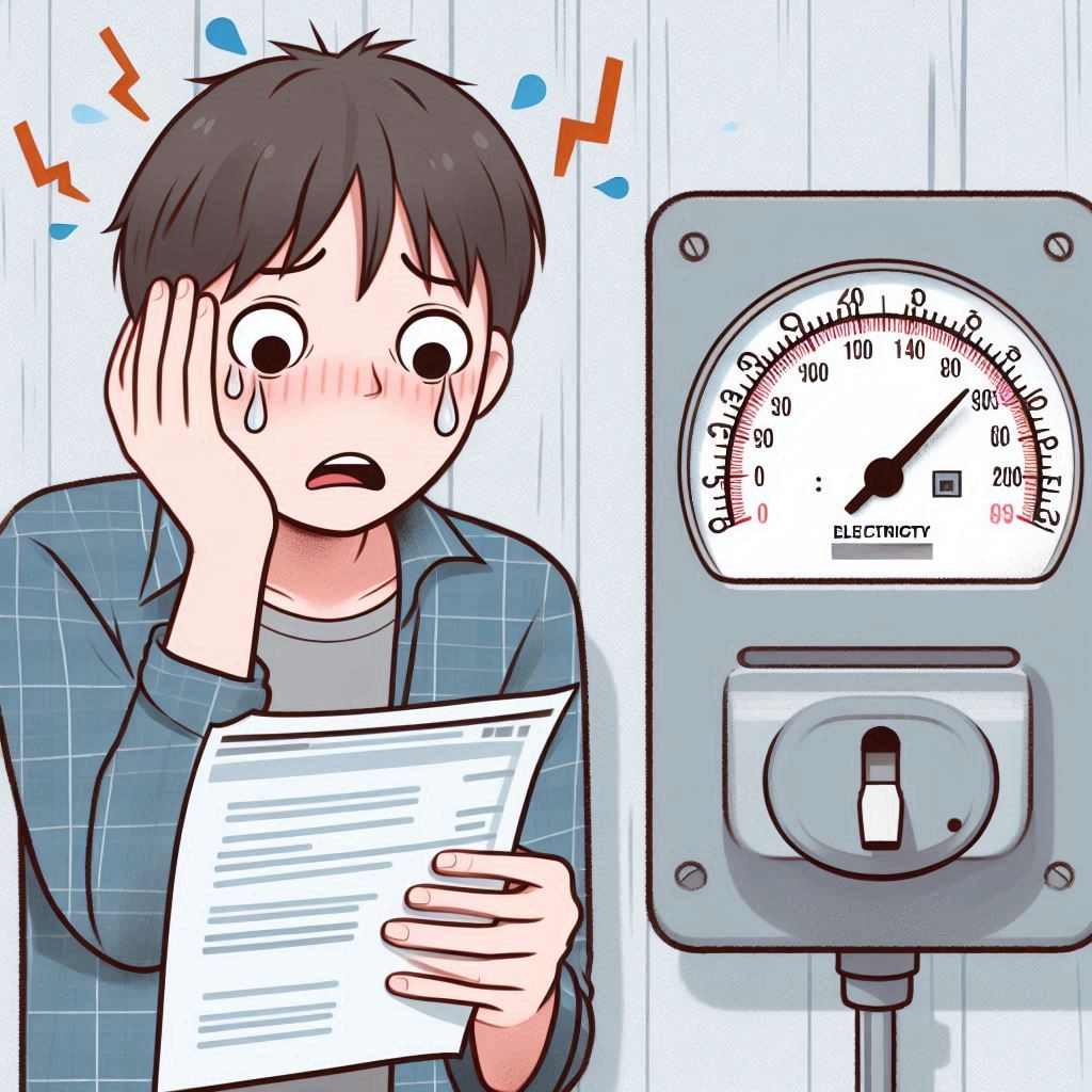 전기요금 고지서를 보고 놀란 사람과 빠르게 돌아가는 전기 계량기, 가전제품 절전의 필요성을 보여주는 이미지