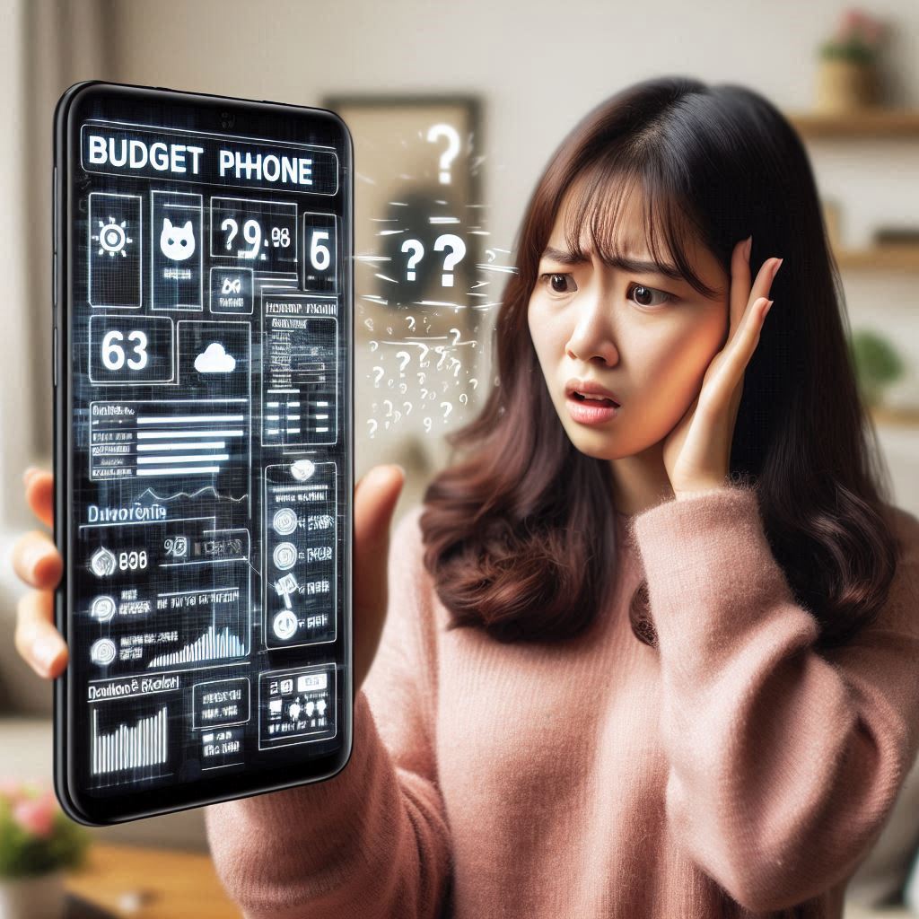 복잡한 알뜰폰 요금제 정보 앞에서 고민하는 한국인 여성