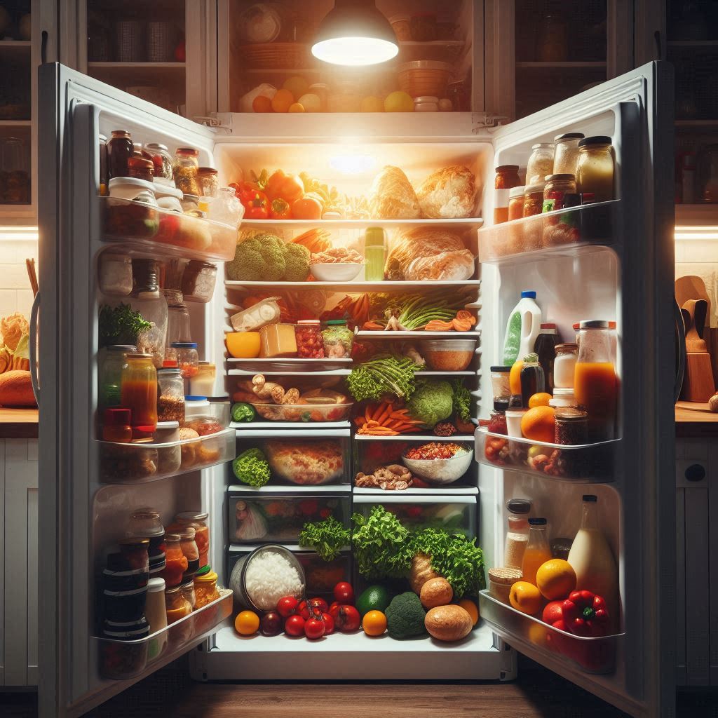 냉장고가 과도하게 채워져 냉기 순환이 어려운 상황을 보여주는 장면