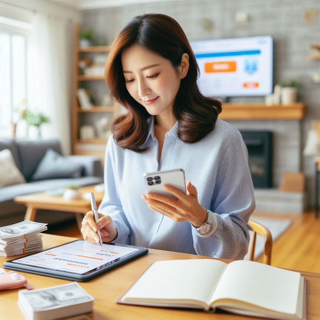 2025년 지역사랑상품권 최대 할인을 위해 정보를 탐색하는 한국인 주부. 그녀는 태블릿과 스마트폰을 동시에 활용하여 각 지자체의 할인 소식과 구매 시점을 꼼꼼히 확인하고 있다. 이 이미지는 지역사랑상품권을 현명하게 활용하기 위한 적극적인 노력을 보여주며, 정보를 미리 파악하는 것이 얼마나 중요한지 강조한다. 주부의 집중된 표정에서 가계 경제에 보탬이 되고자 하는 의지가 엿보인다.