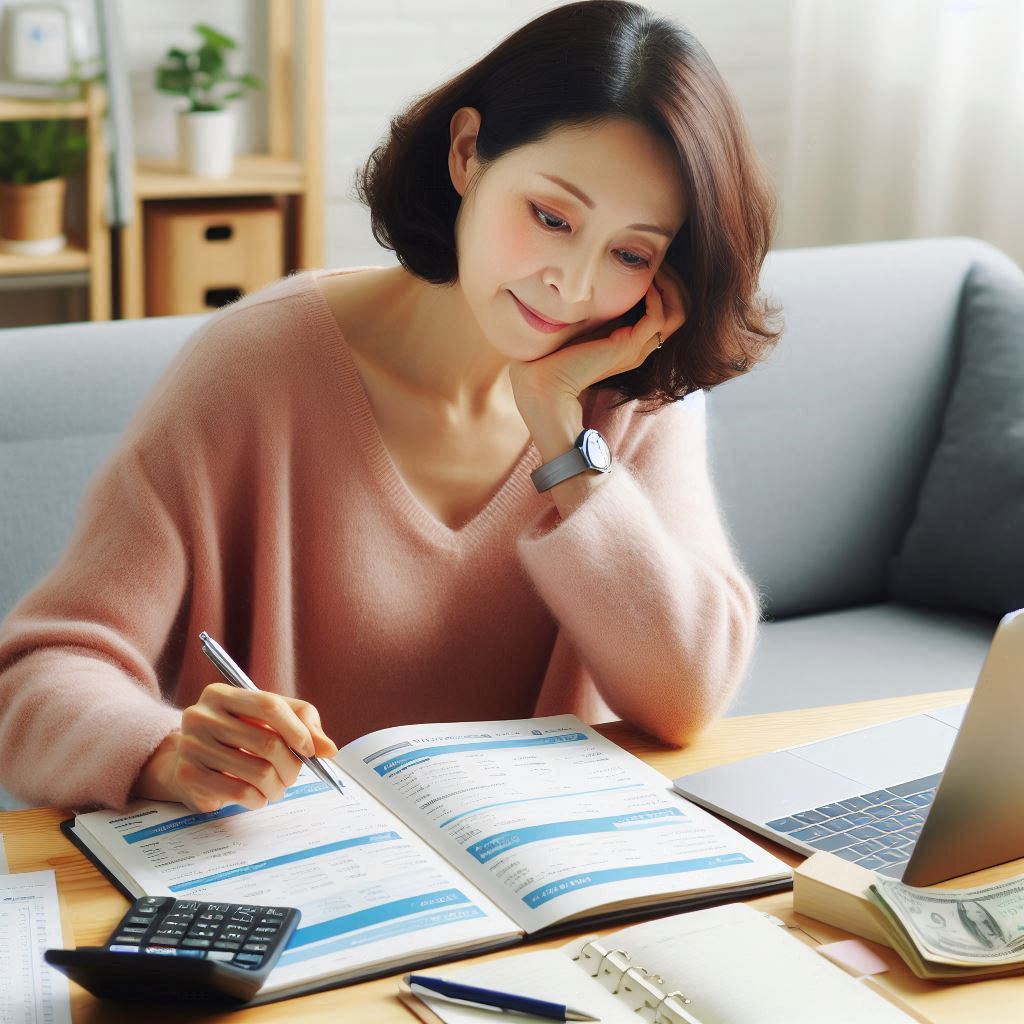 CMA통장과 적금 선택을 위해 금융 상품 정보를 꼼꼼히 비교하는 40대 주부
