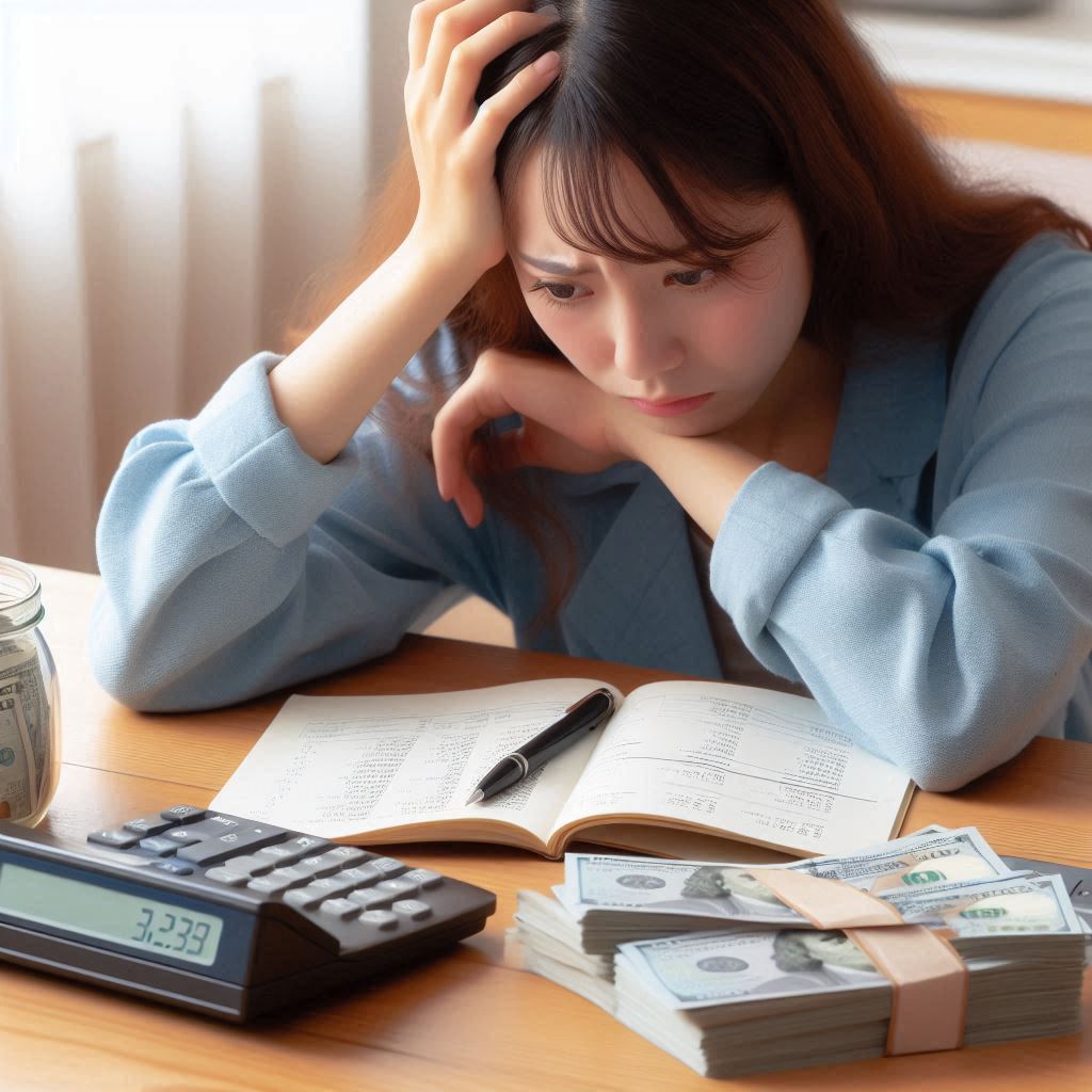 돈이 부족해 불안해 하는 여성