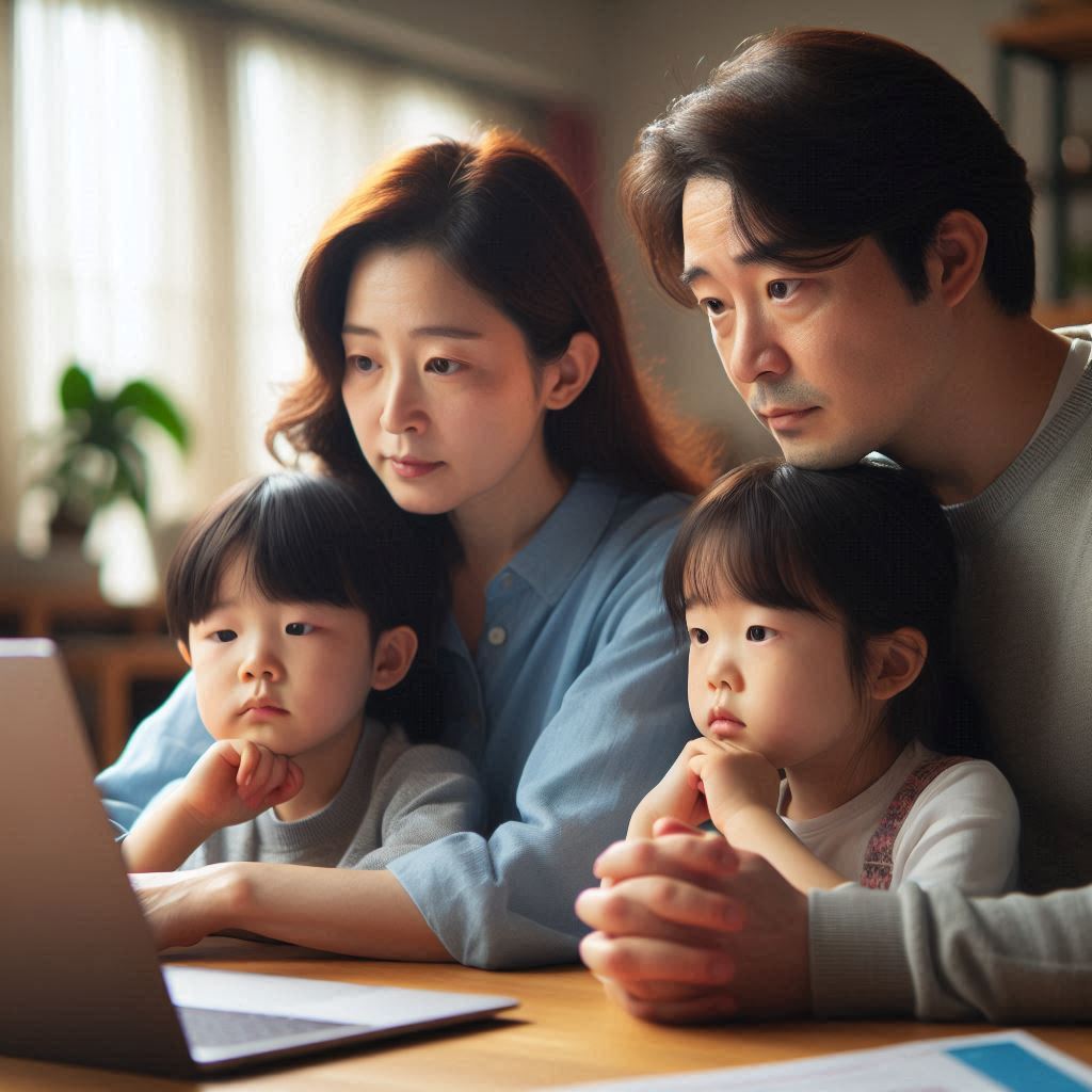 2025년 민생회복지원금의 자격 조건을 가족이 함께 확인하는 장면. 소득 및 재산 기준, 가구원 수 등 복잡한 민생회복지원금의 수급 조건을 가족 구성원들이 함께 이해하고 논의하는 중요한 순간을 보여줍니다. 이는 민생회복지원금이 가족 단위의 경제 회복에 미치는 영향을 상징합니다.