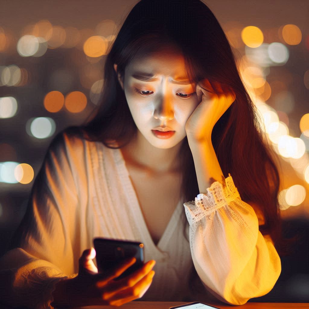 낮은 금리에 한숨 쉬는 젊은 여성이 고금리 적금 상품을 찾아보는 모습