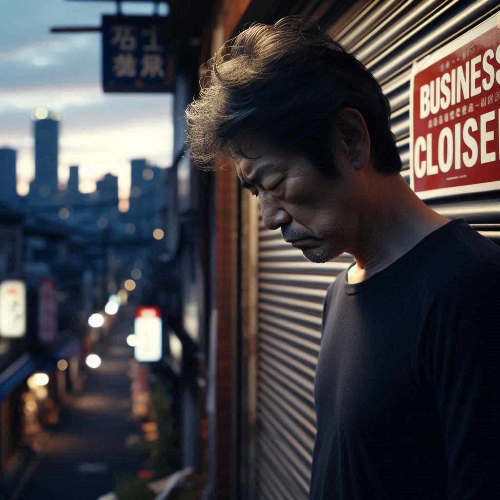 2025년 민생회복지원금의 필요성을 보여주는 이미지. 폐업한 마트 앞에서 힘든 표정을 짓고 있는 한국계 남성의 모습은 현재의 경제적 어려움을 상징합니다. 민생회복지원금이 이러한 어려운 상황에 처한 개인과 가구에 어떤 도움이 될 수 있는지를 간접적으로 보여줍니다.