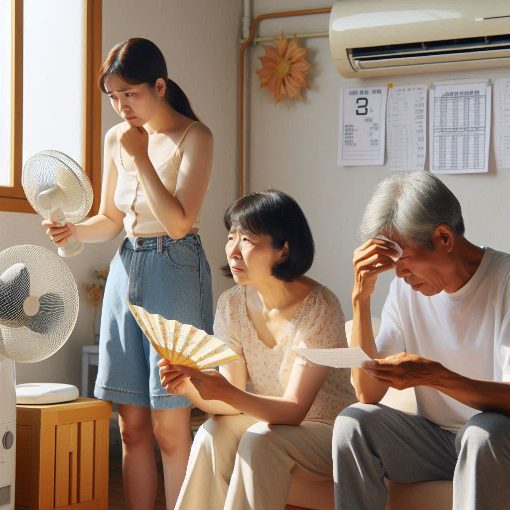 여름철 무더위 속에서 높아지는 전기요금 걱정으로 선풍기와 에어컨 사용을 망설이는 한국 중년 여성과 노부부의 현실적인 모습. 냉방비 자동 감면 혜택의 필요성을 보여주는 장면. 폭염 속 가계 경제의 부담을 상징하는 이미지.