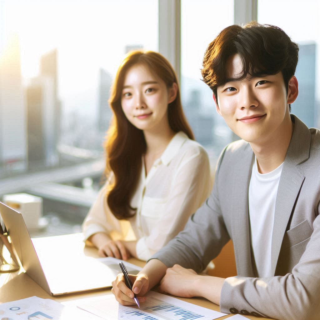 청년 일자리 도약장려금을 받고 사무실에서 일하는 20대 한국 청년의 모습