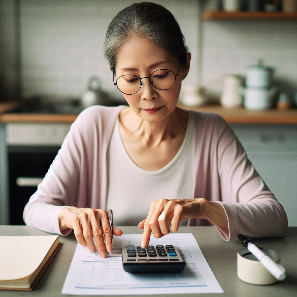 2025년 기초연금 수급 조건을 꼼꼼히 확인하고 있는 한국계 여성의 모습. 복잡하게 느껴질 수 있는 소득 인정액 계산과 재산 기준 등을 파악하려는 진지한 태도가 돋보입니다. 노후 자금 마련과 기초연금 신청에 대한 이해를 돕기 위한 현실적인 장면을 담았습니다.