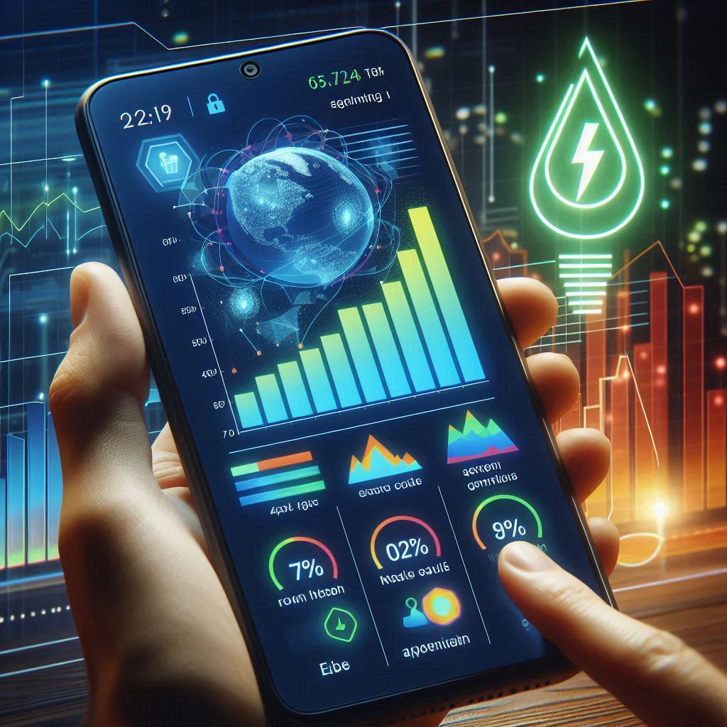 스마트폰 화면에 실시간 전력 사용량 그래프와 함께 에너지 절약 팁이 보이는 이미지