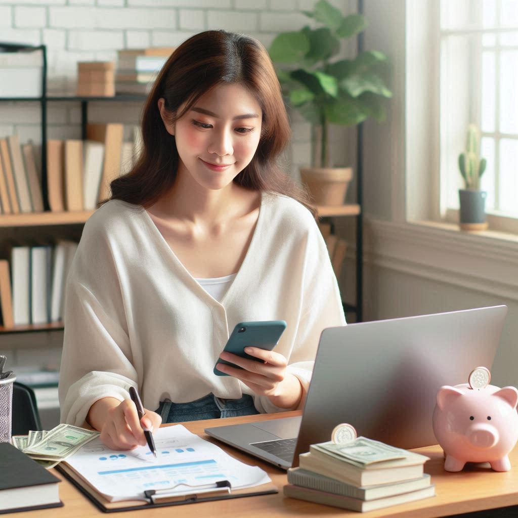 자동이체로 월급 관리에 성공한 여성이 만족하는 모습