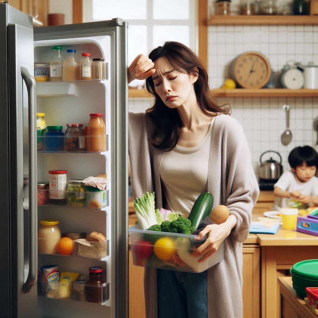 냉장고 정리 전, 어지럽고 복잡한 식재료 앞에서 피곤한 표정을 짓는 40대 한국인 주부의 모습