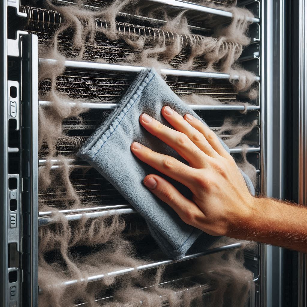 냉장고 뒷면 응축기 먼지를 청소하는 손의 모습