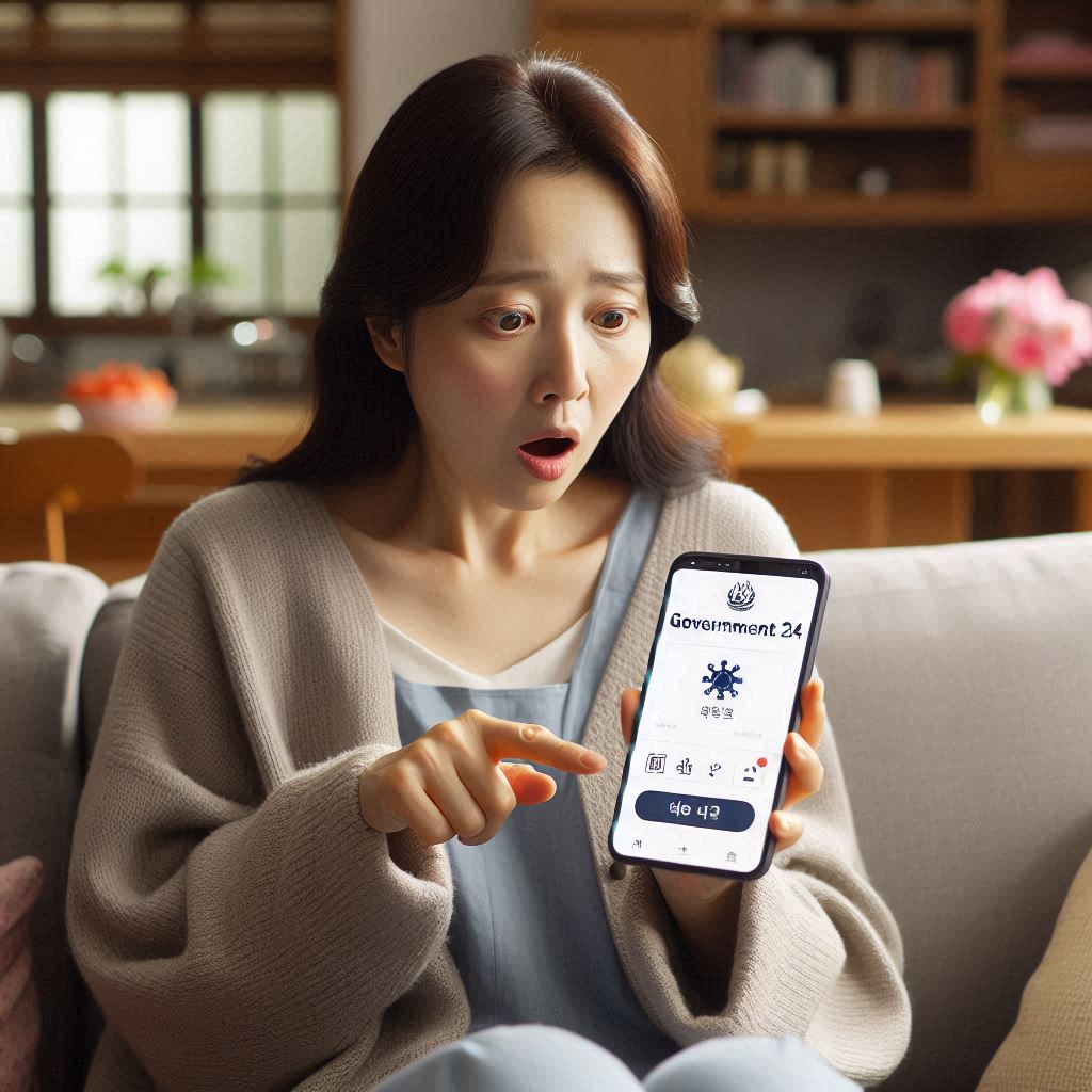 정부24 앱의 숨겨진 기능을 확인하고 놀라는 40대 한국 주부의 모습