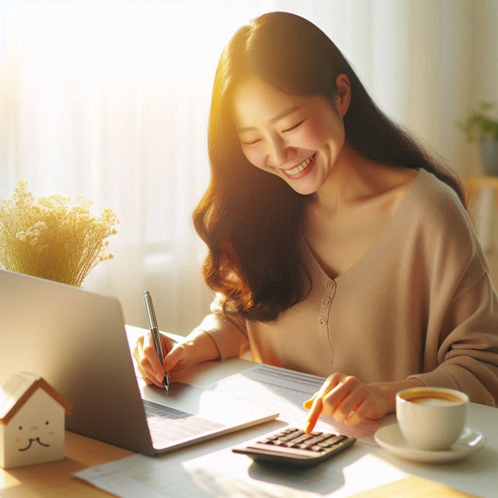 자동이체 설정을 통해 월급 관리에 성공하며 행복해하는 여성의 모습