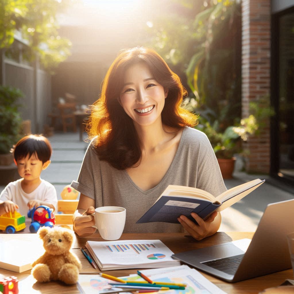 40대 한국인 주부가 집에서 재테크 서적을 읽으며 2025년 재테크 필수 용어를 공부하는 모습