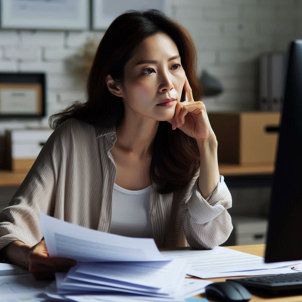 2025년 부모급여 신청방법 안내 서류를 꼼꼼히 살펴보며 고민하는 한국인 엄마의 모습. 복잡하게 느껴지는 정부 정책 앞에서 혹시나 놓치는 부분이 있을까 염려하는 표정이 잘 드러나며, 부모급여 신청의 중요성과 초기 단계의 어려움을 시사합니다.