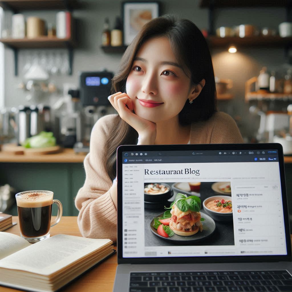 챗GPT의 편리한 콘텐츠 초안 작성 기능을 활용하여 맛집 블로그 포스팅을 준비하는 한국인 여성. 효율적인 콘텐츠 제작 과정을 보여주는 이미지.