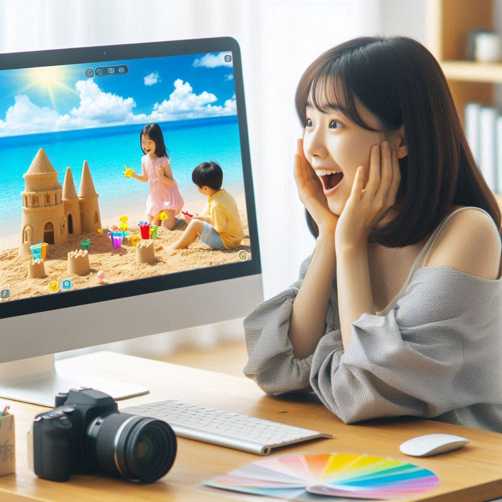 챗GPT의 최신 업데이트로 향상된 이미지 생성 기능으로 만들어진 아름다운 여름 해변 풍경을 감상하는 한국인 여성. 복잡한 설명 없이도 원하는 이미지를 쉽게 얻을 수 있음을 보여주는 예시.