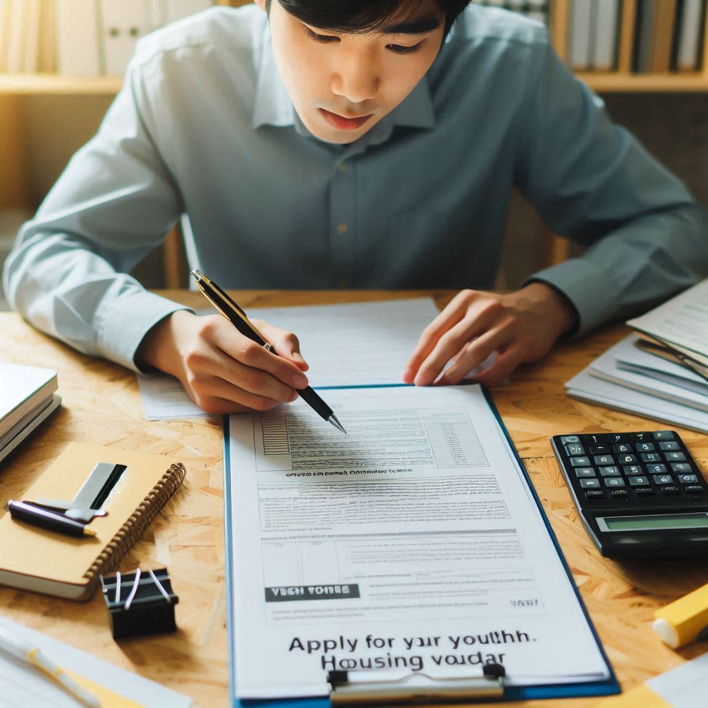 한국인 남성이 청년 주거 바우처 신청 서류를 꼼꼼히 살펴보고 있습니다. 책상 위에는 신청 안내문과 함께 펜, 계산기 등 필요한 물품들이 놓여 있으며, 진지한 표정에서 정책 내용을 정확히 이해하려는 모습이 드러납니다. 안정적인 주거 환경을 위한 첫걸음으로 청년 주거 바우처 정책에 대한 관심이 높아지고 있음을 보여줍니다.
