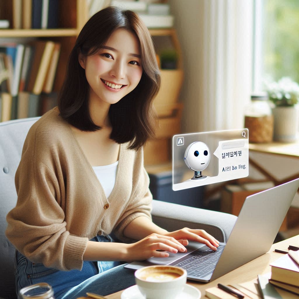 ChatGPT를 활용하여 AI 블로그 글쓰기 루틴을 자동화하는 한국인 여성 블로거. 노트북 화면에 보이는 ChatGPT 인터페이스를 통해 정책·혜택 포스팅을 효율적으로 작성하며 만족스러워하는 모습입니다. 이제 정보성 글쓰기도 어렵지 않아요.