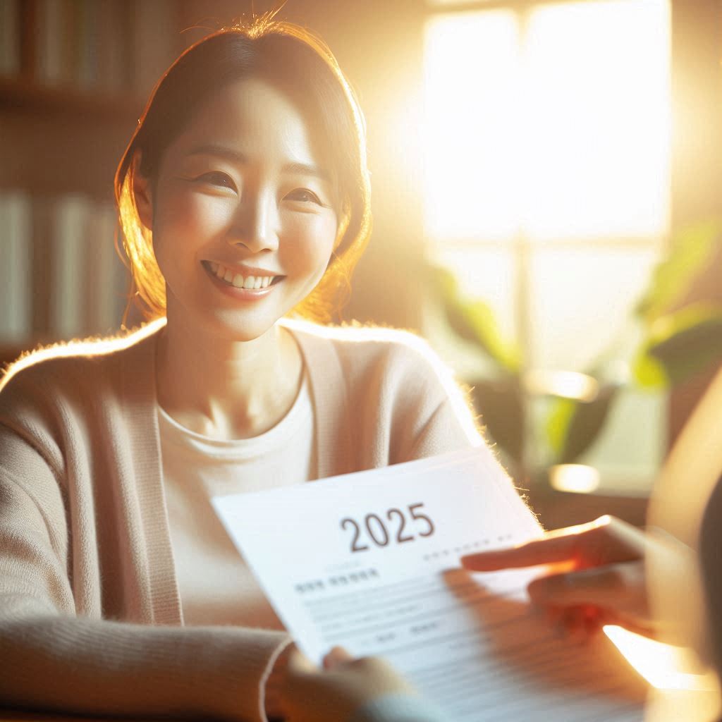2025년 긴급복지 지원제도를 상담하는 40대 한국인 여성, 그녀의 손에 긴급복지 지원신청서가 들려있고, 옆에 흐릿하게 보이는 '2025' 숫자 안내판이 있습니다. 따뜻한 미소를 지으며 상담을 진행하는 모습으로, 위기 상황에 처한 사람들에게 희망을 주는 장면입니다.