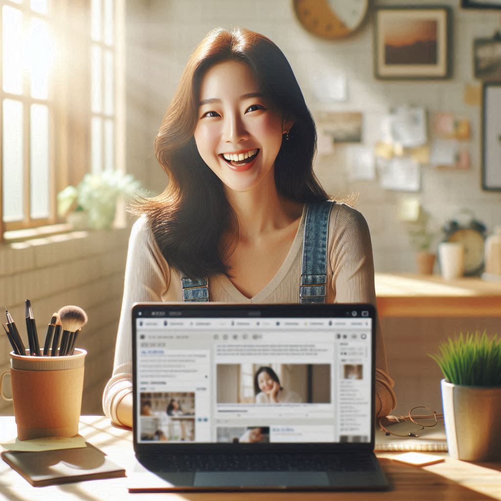 ChatGPT를 활용해 즐겁고 효율적으로 블로그 글쓰기를 하고 있는 30대 한국인 여성의 모습. 밝은 자연광 속에서 글쓰기에 대한 두려움을 없애고 자신감을 찾은 순간을 담아냈습니다.