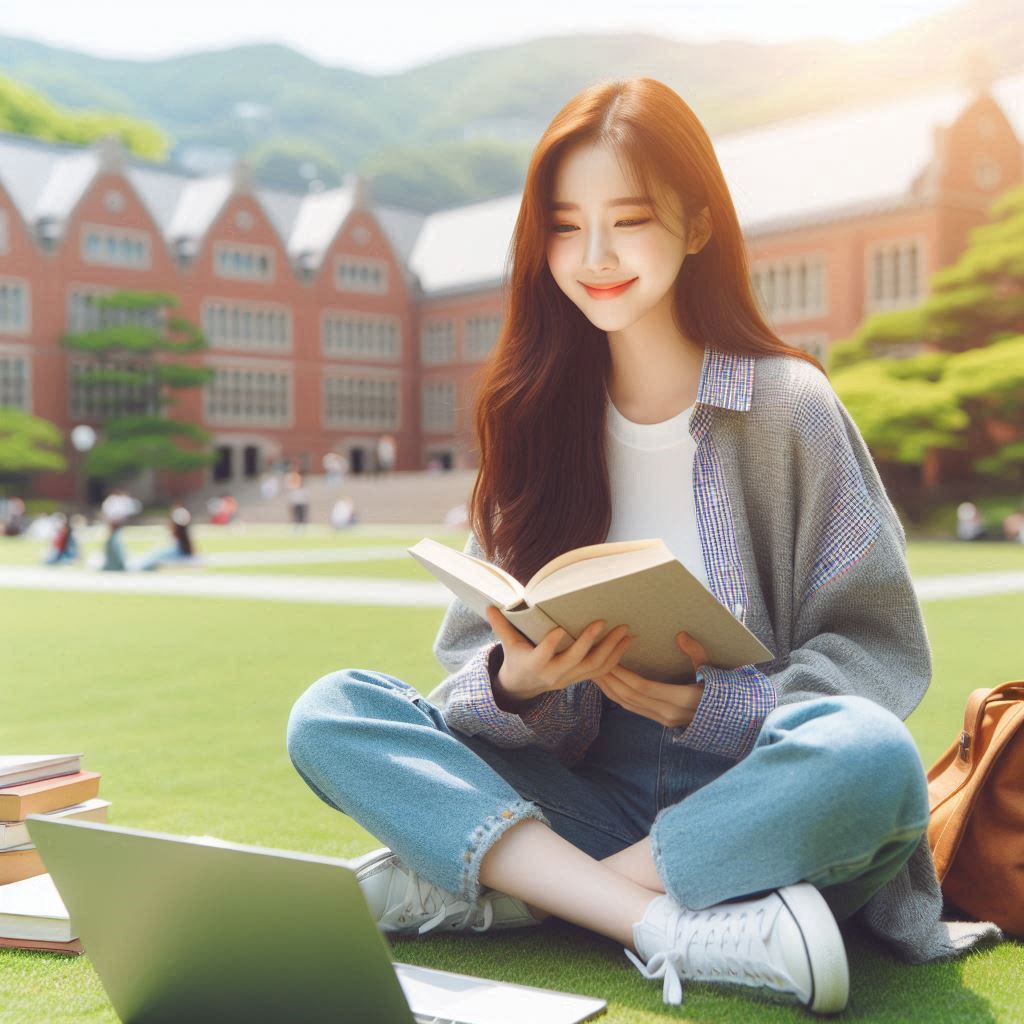 한국인 젊은 여성들이 햇살 가득한 대학교 캠퍼스 잔디밭에서 책을 읽거나 노트북으로 공부하며 평화로운 오후를 보내고 있습니다. 푸른 잔디와 캠퍼스 건물이 배경으로 펼쳐져 있으며, 여성들의 밝고 편안한 표정에서 학업에 집중할 수 있는 여유로움이 느껴집니다. 청년 주거 바우처가 대학생들의 경제적 부담을 줄여 학업에 전념할 수 있도록 돕는 긍정적인 영향을 보여줍니다.