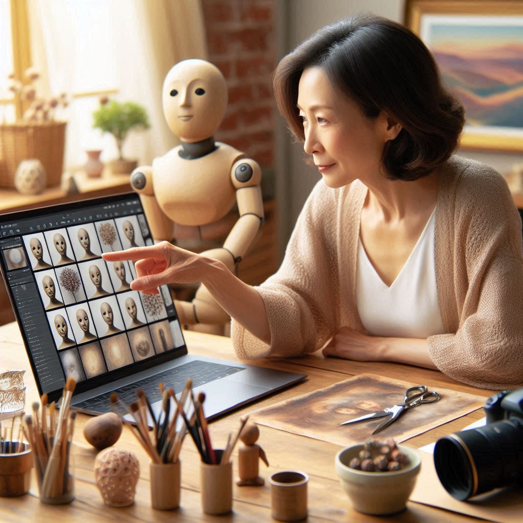 밝은 자연광 스튜디오에서, 40대 한국인 여성이 노트북 화면을 통해 다양한 AI 이미지 결과물들을 흐뭇하게 바라보며 감탄하는 모습