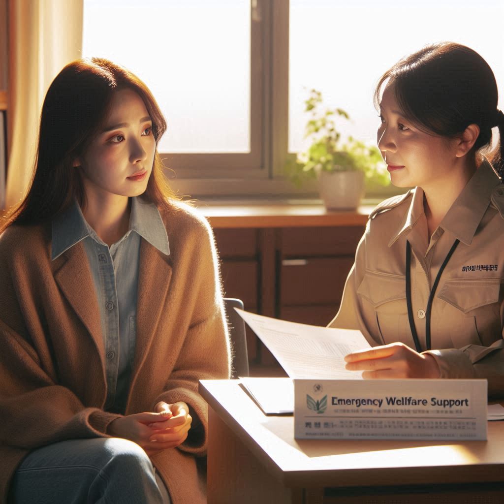 2025년 긴급복지 지원제도 상담을 받고 있는 한국인 여성의 모습. 사회복지사로부터 지원 절차와 혜택에 대한 설명을 듣고 있으며, 위기 상황에 대한 지원 방안을 모색하고 있다. 긴급 생계비, 의료비, 주거비 등 다양한 지원 항목에 대한 궁금증을 해소하고 안정적인 생활을 위한 정보를 얻는 중요한 순간이다.