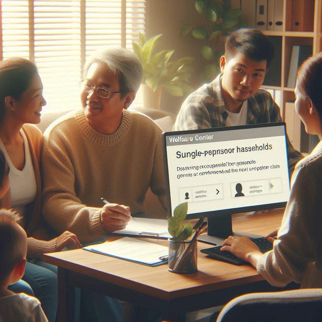 주민센터에서 1인가구와 차상위계층 지원을 받기 위해 상담을 받는 사람들, 복지 혜택을 찾는 모습