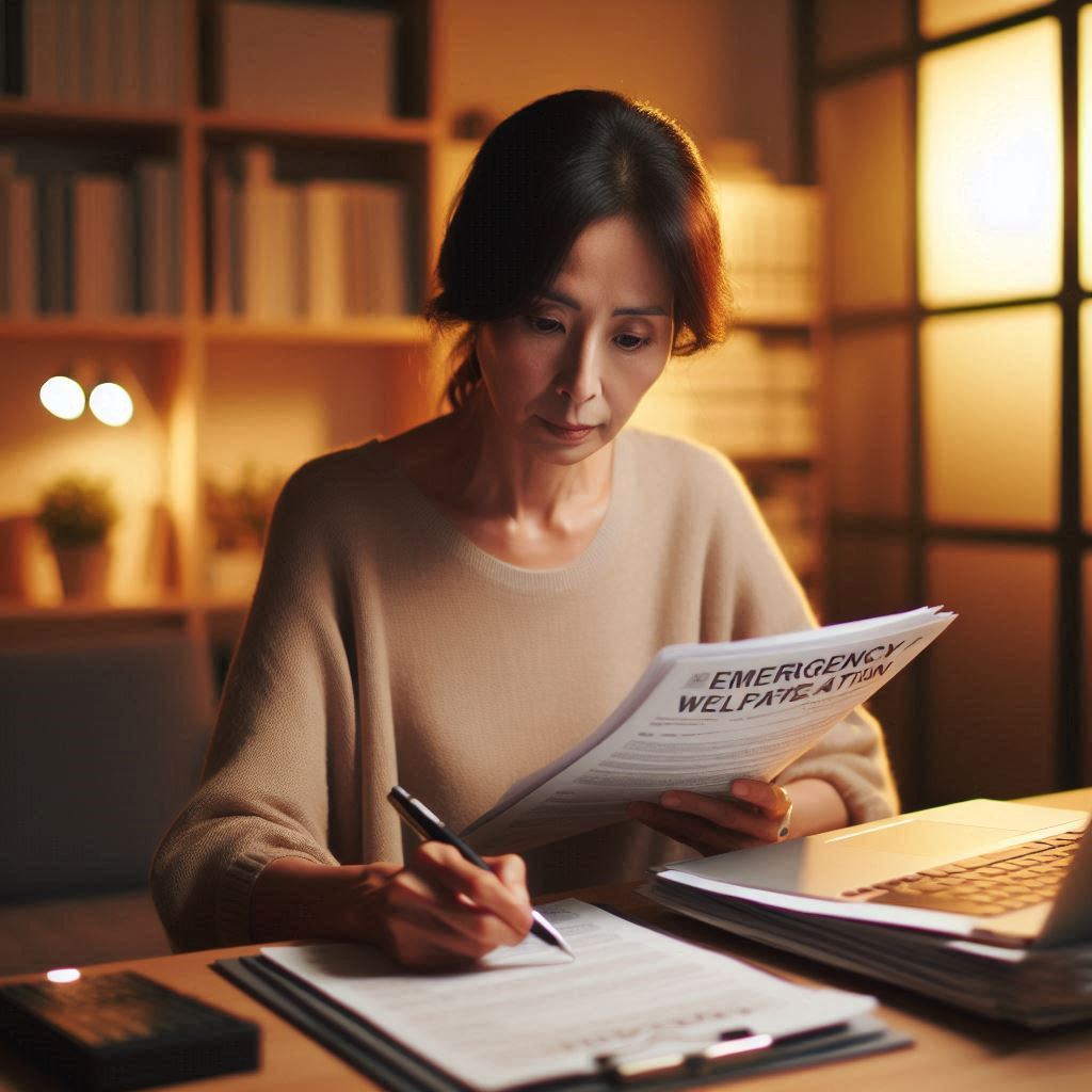 2025년 긴급복지 지원제도 신청을 위해 필요한 서류들을 꼼꼼히 확인하고 있는 한국인 여성의 모습. 가족관계증명서, 소득 증빙 서류, 위기 상황 증명 서류 등을 차분히 준비하며 지원 절차를 밟기 위한 중요한 단계를 수행하고 있다. 정확한 정보와 서류 준비는 긴급복지 지원을 원활하게 받는 데 필수적이다.