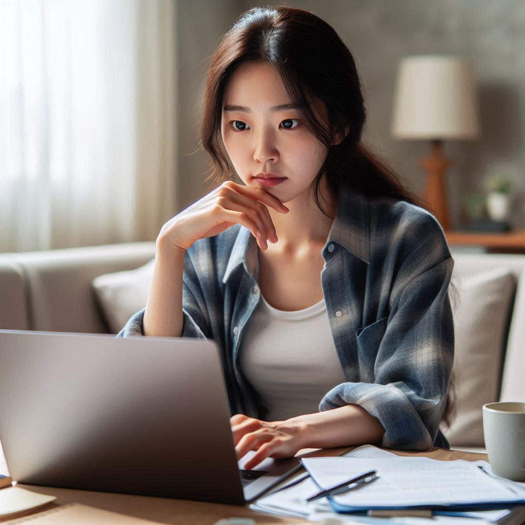 자연광이 환하게 들어오는 거실에서, 한 한국인 여성이 노트북을 보며 무언가 골똘히 생각하고 있다. 그녀의 표정은 신중하며, 주변에는 여러 서류와 함께 커피 한 잔이 놓여 있어 정보 탐색에 몰두하고 있는 분위기