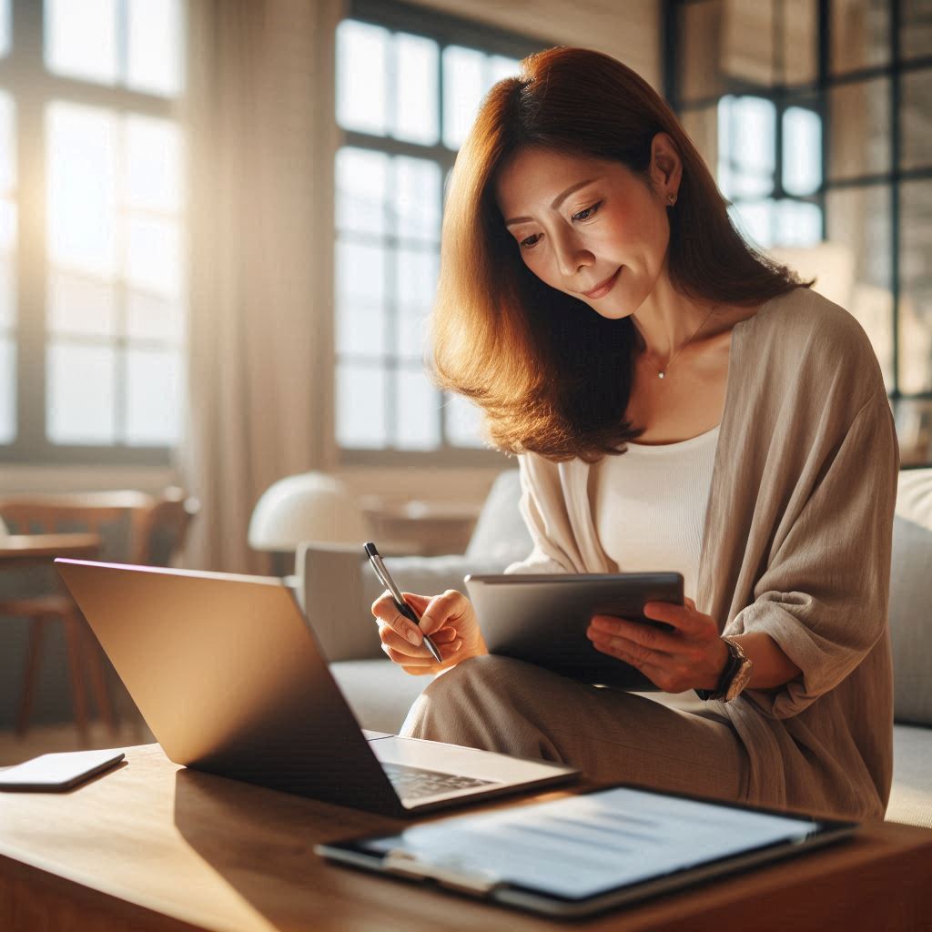 40대 한국인 여성이 거실에서 노트북을 이용해 ChatGPT로 생성된 유튜브 대본 초안을 검토하며 추가 아이디어를 메모하는 모습. 효율적인 콘텐츠 제작을 위해 AI의 도움을 받아 아이디어를 구체화하고 다듬는 과정을 보여주며, 워드프레스 블로그 콘텐츠 연동의 중요성을 강조합니다.