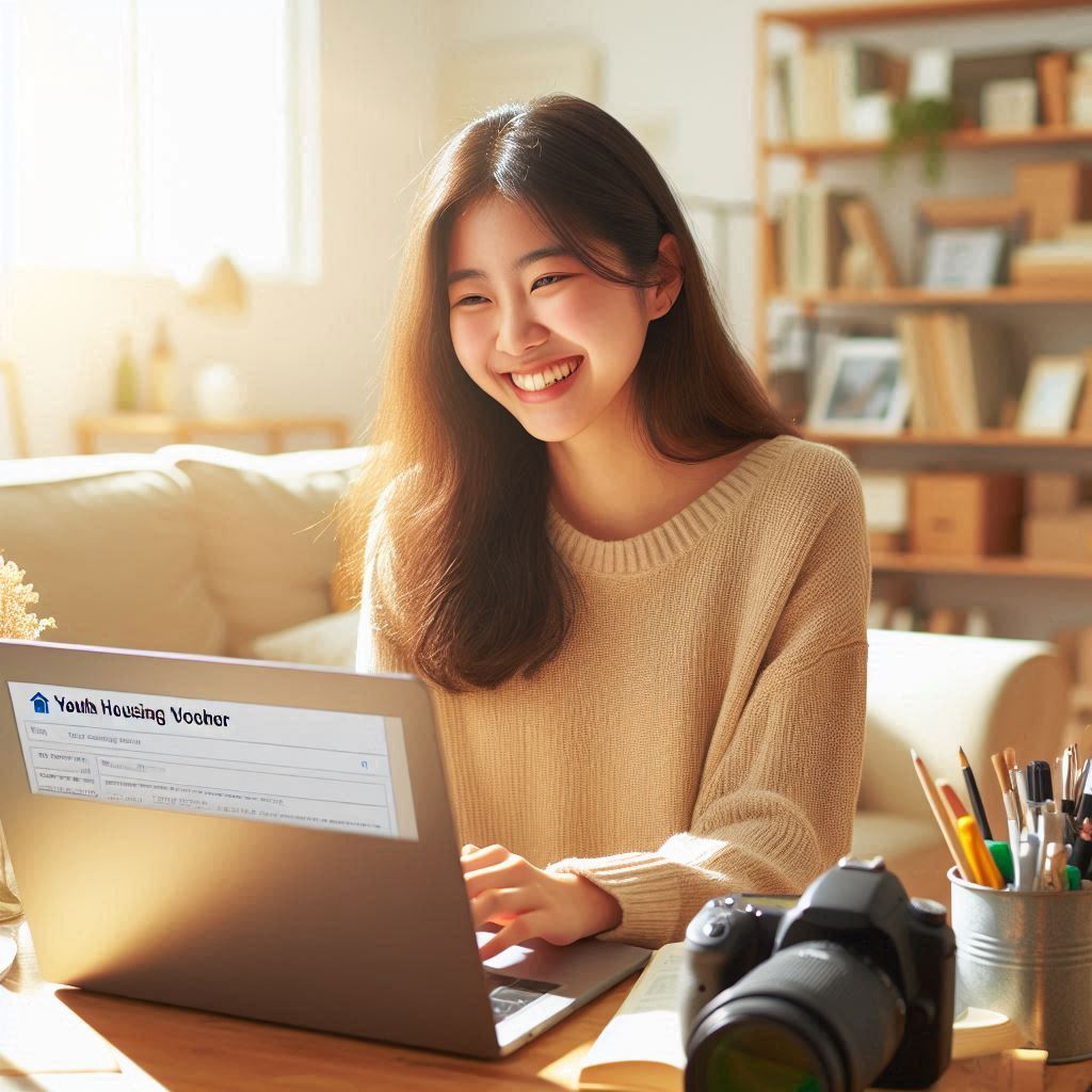 9세에서 34세 사이의 한국인 여성이 자신의 집 거실에서 노트북을 사용하여 청년 주거 바우처에 대한 정보를 찾아보고 만족스러운 미소를 짓고 있습니다. 주거비 절약에 대한 기대감을 나타내는 밝은 표정과 주변의 아늑한 생활 공간이 담겨 있으며, 노트북 화면에는 관련 정보의 일부가 흐릿하게 보입니다.